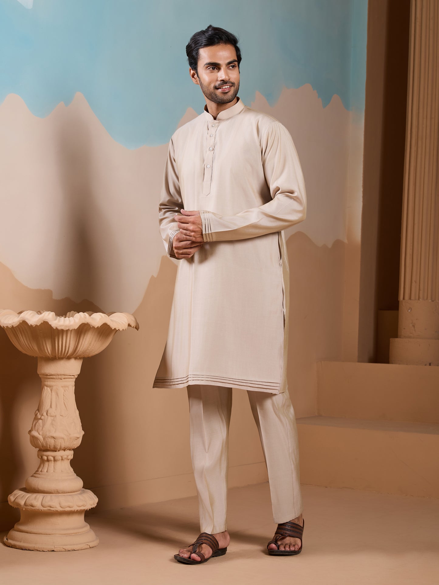 Sandstone Meadow Embroidered Men’s Kurta Set – Luxe Pastel Floral Work