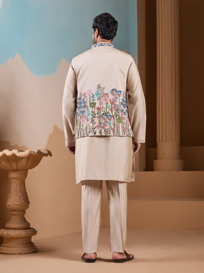 Sandstone Meadow Embroidered Men’s Kurta Set – Luxe Pastel Floral Work