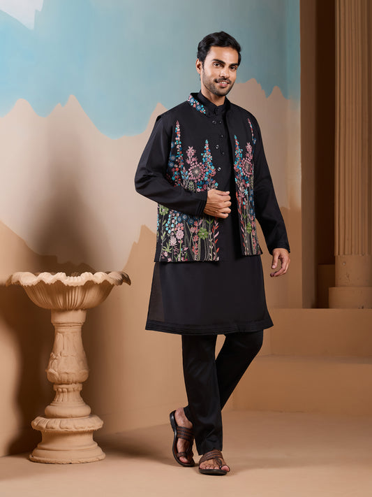 Midnight Bloom Embroidered Men’s Kurta Set – Luxe Black Festive Edition