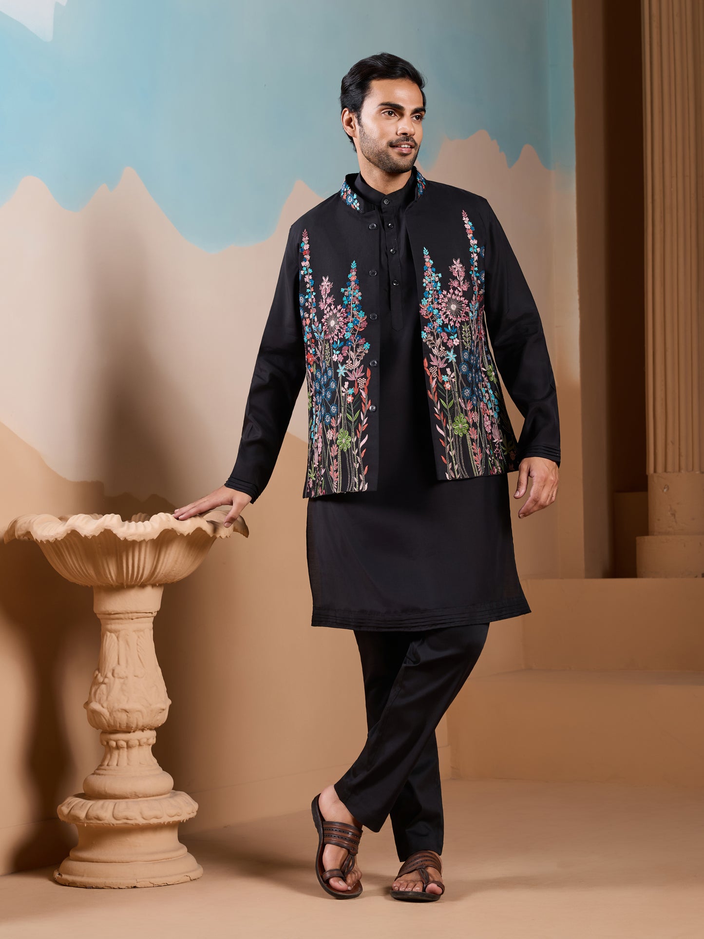 Midnight Bloom Embroidered Men’s Kurta Set – Luxe Black Festive Edition