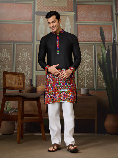 Title : Black Embroidered Gujarati Mirror Work Kurta for Men
