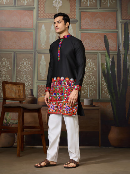 Title : Black Embroidered Gujarati Mirror Work Kurta for Men