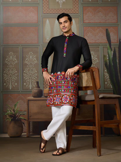 Title : Black Embroidered Gujarati Mirror Work Kurta for Men