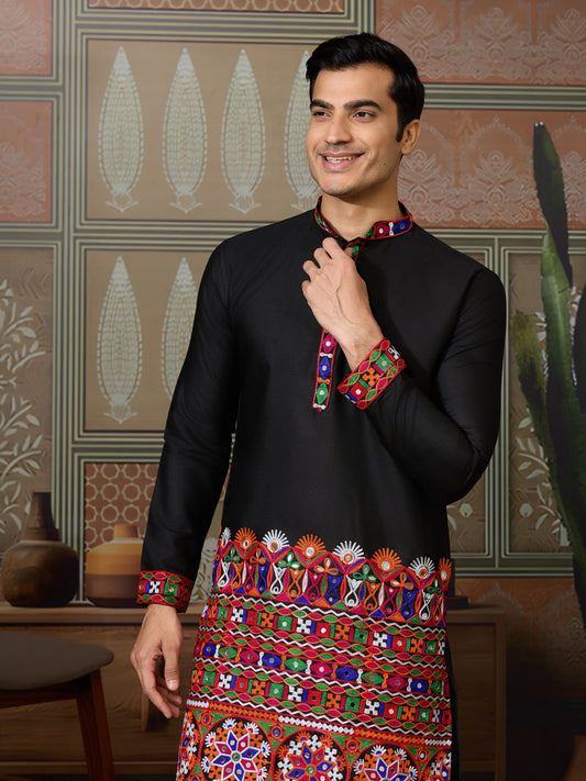 Title : Black Embroidered Gujarati Mirror Work Kurta for Men