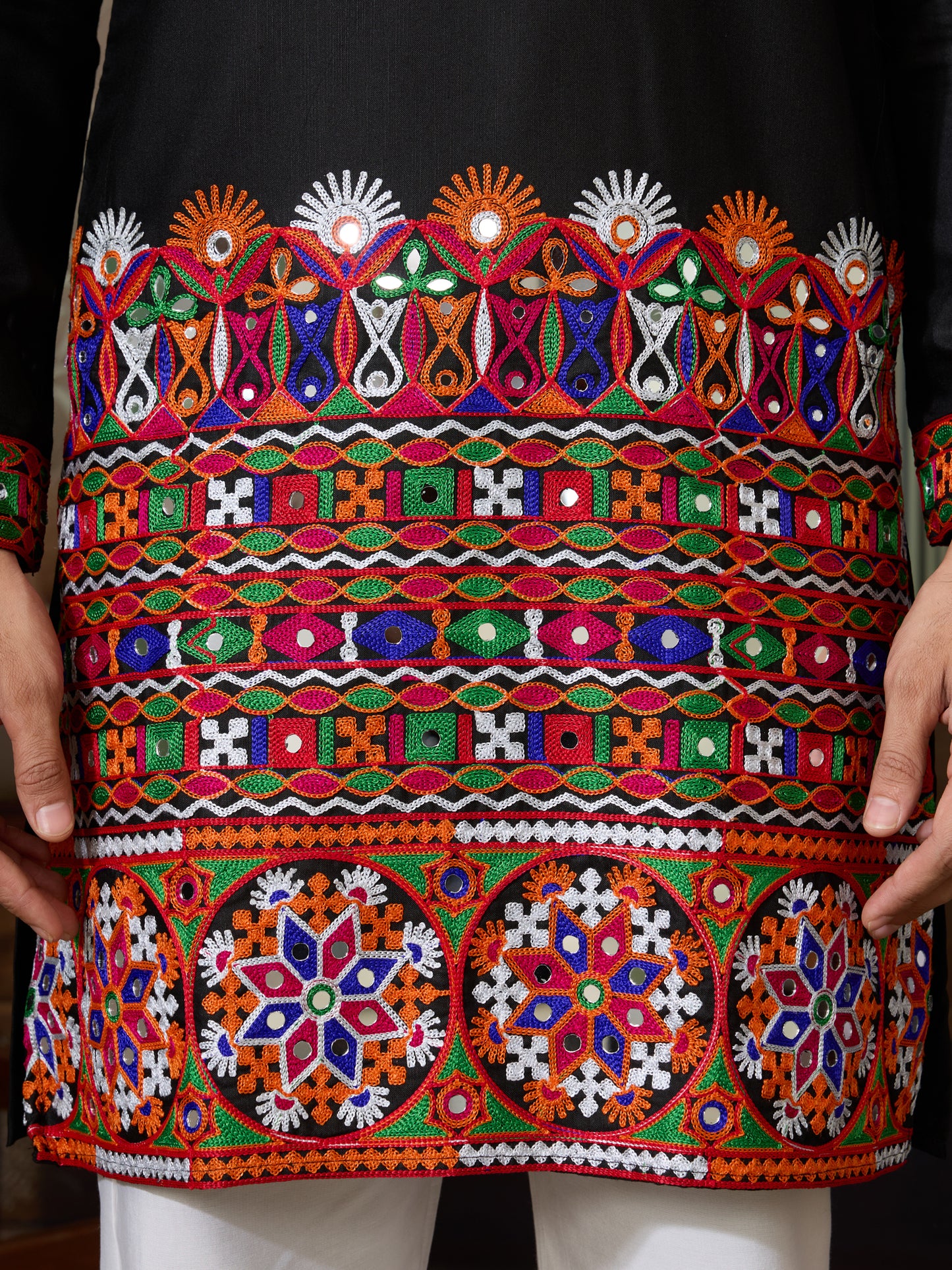 Title : Black Embroidered Gujarati Mirror Work Kurta for Men