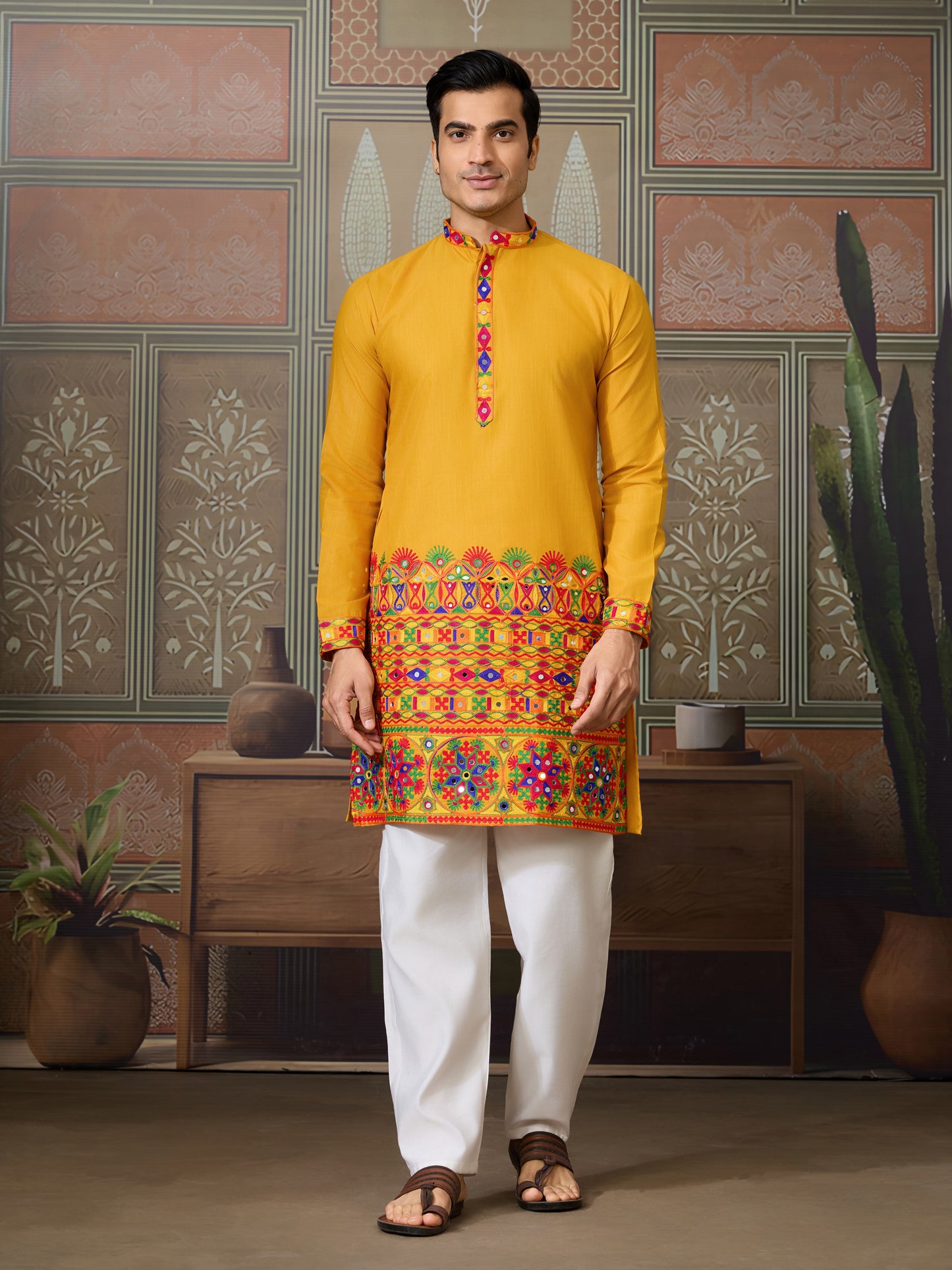Mustard Yellow Gujarati Mirror Work Embroidered Kurta for Men