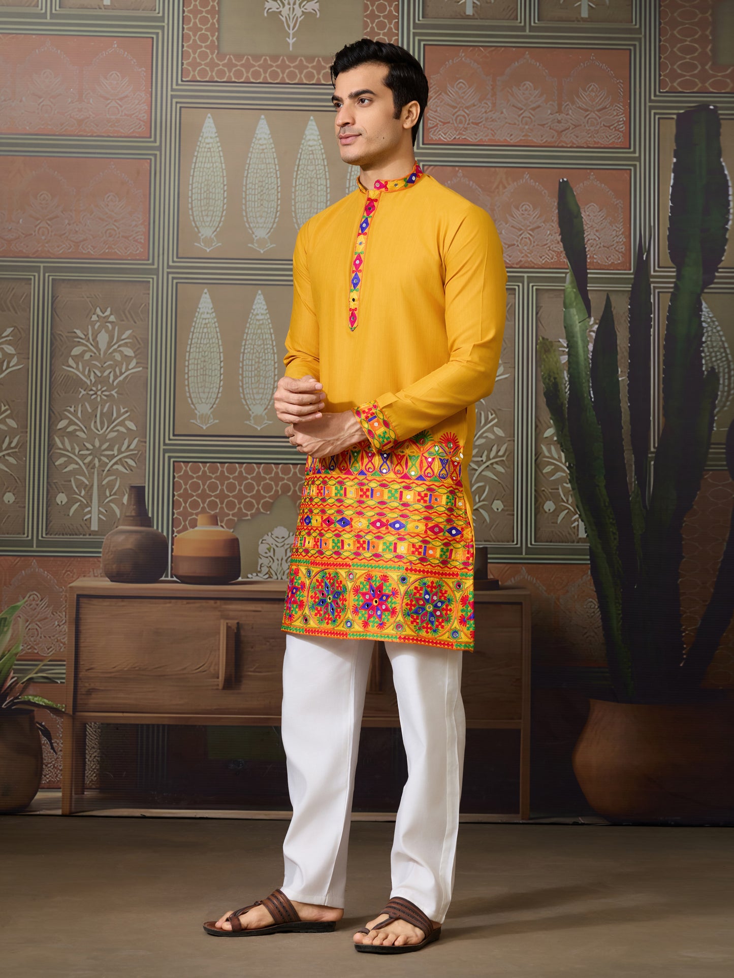 Mustard Yellow Gujarati Mirror Work Embroidered Kurta for Men