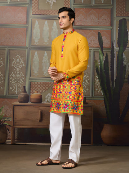 Mustard Yellow Gujarati Mirror Work Embroidered Kurta for Men