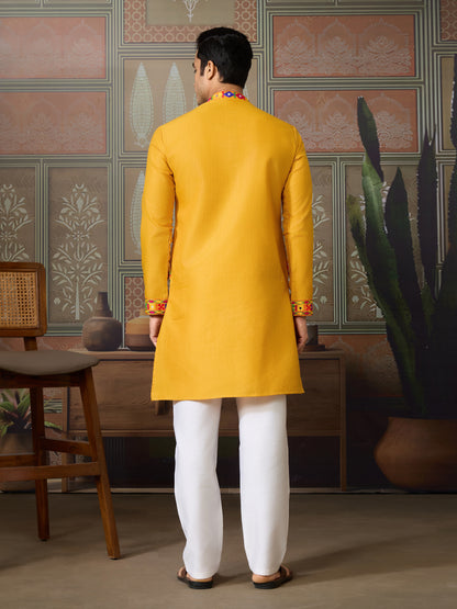 Mustard Yellow Gujarati Mirror Work Embroidered Kurta for Men