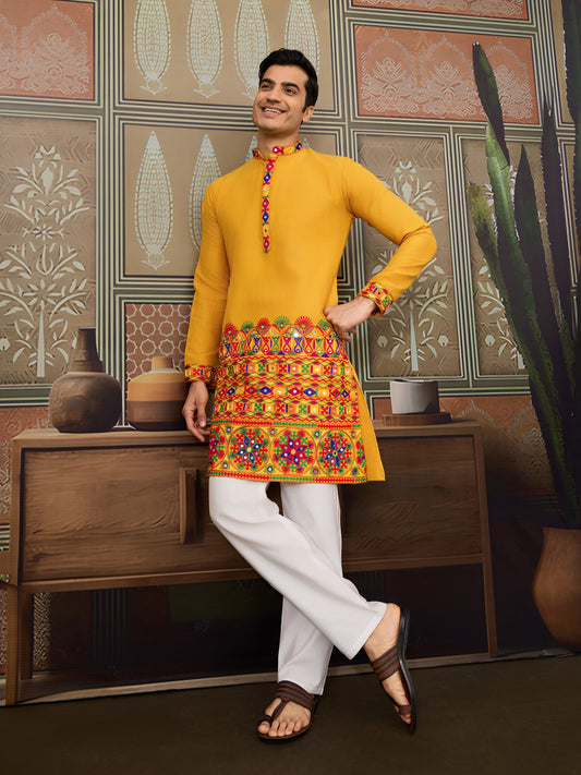 Mustard Yellow Gujarati Mirror Work Embroidered Kurta for Men