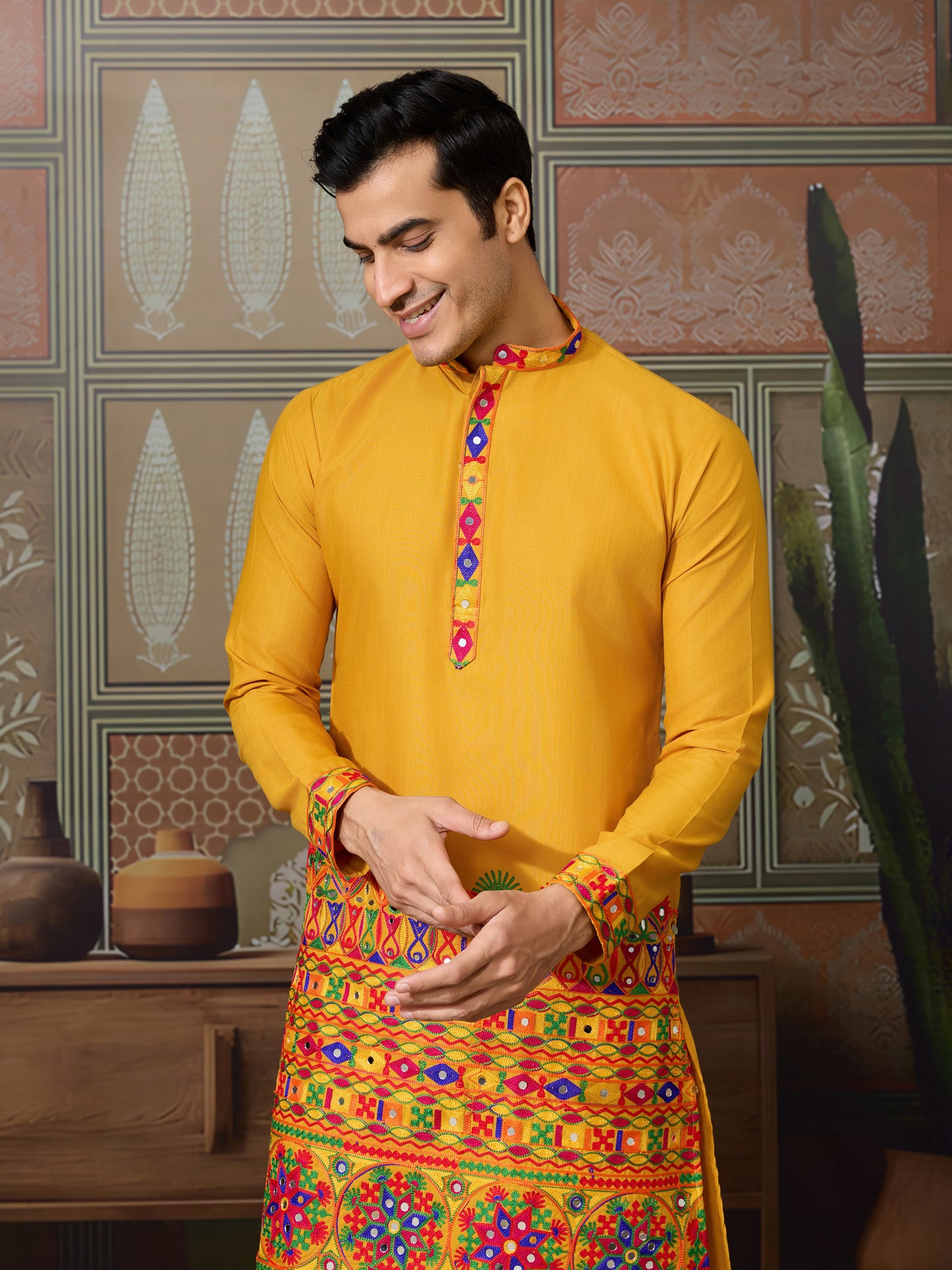Mustard Yellow Gujarati Mirror Work Embroidered Kurta for Men