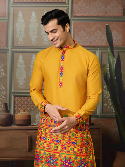 Mustard Yellow Gujarati Mirror Work Embroidered Kurta for Men