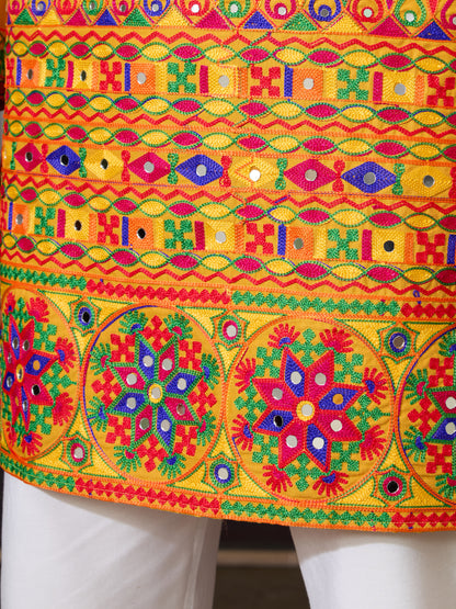 Mustard Yellow Gujarati Mirror Work Embroidered Kurta for Men