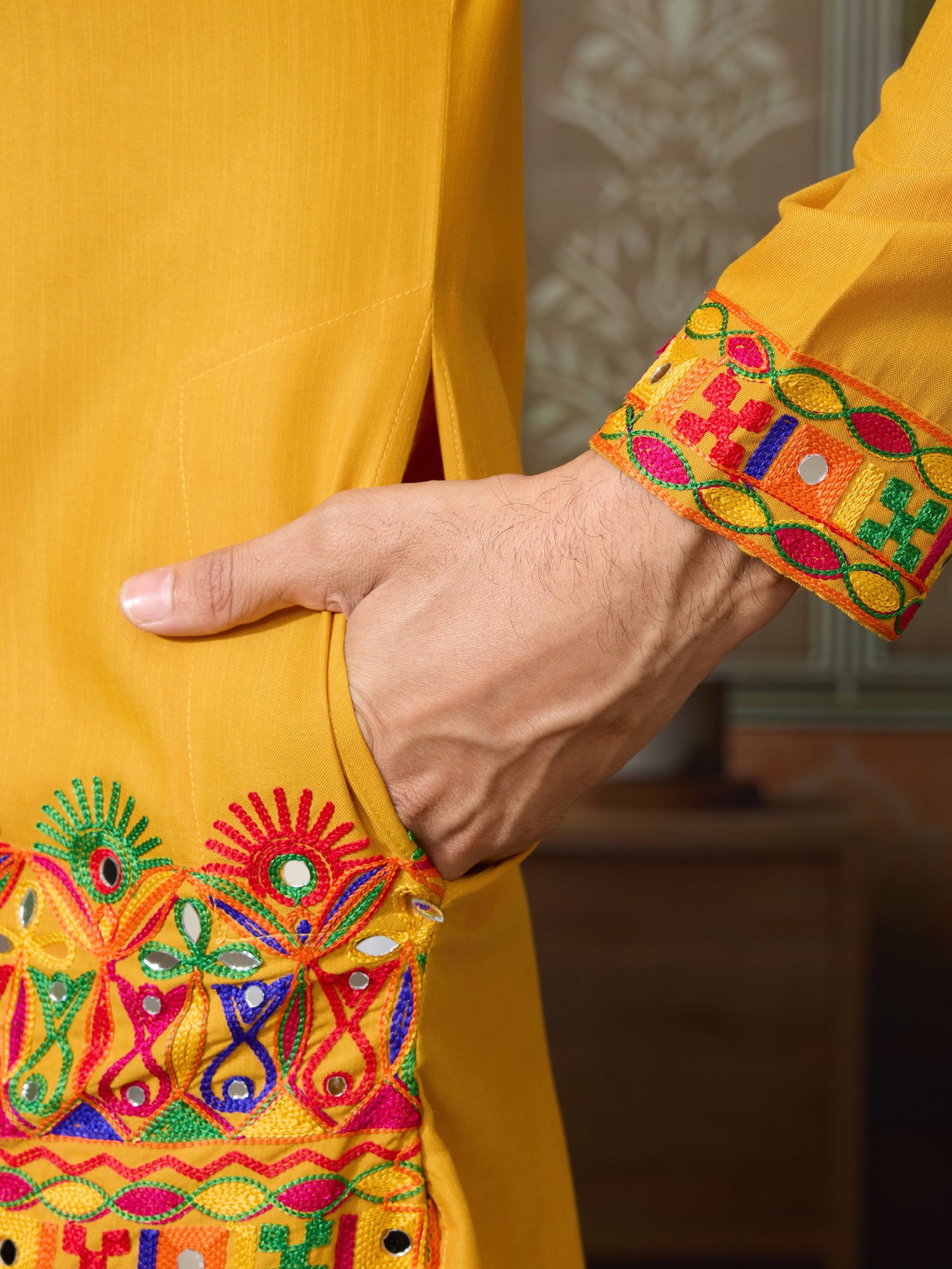 Mustard Yellow Gujarati Mirror Work Embroidered Kurta for Men