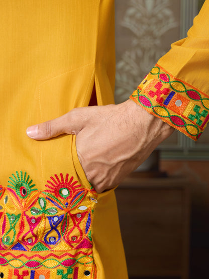 Mustard Yellow Gujarati Mirror Work Embroidered Kurta for Men