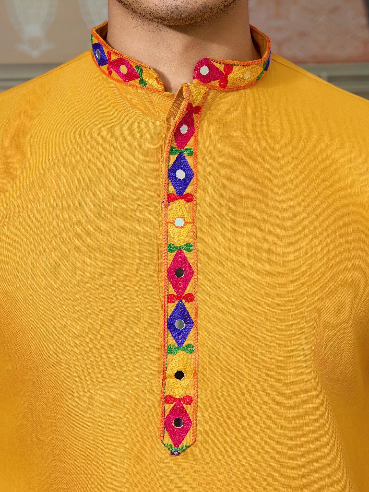 Mustard Yellow Gujarati Mirror Work Embroidered Kurta for Men