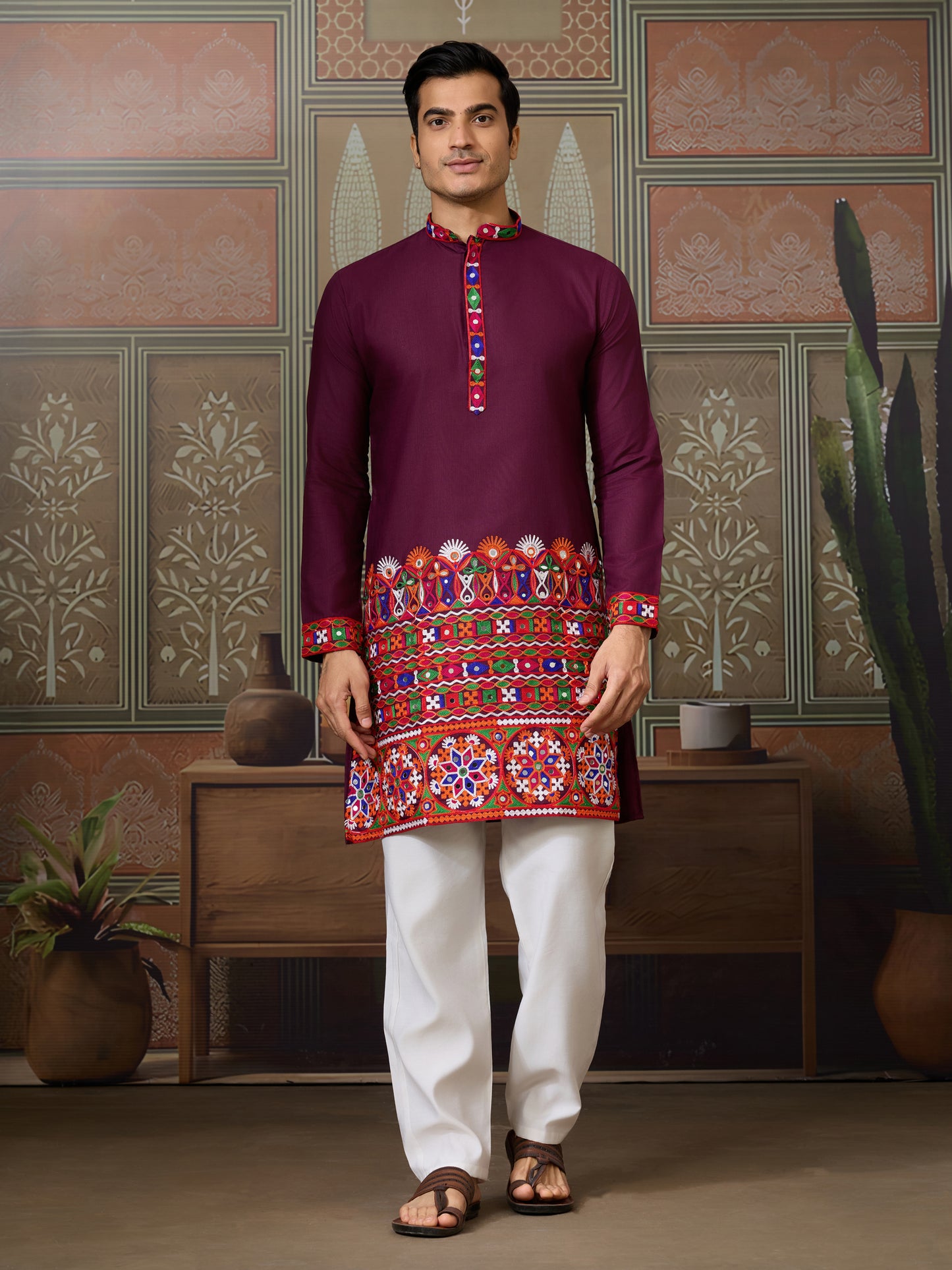 Wine Gujarati Mirror Work Embroidered Kurta for Men