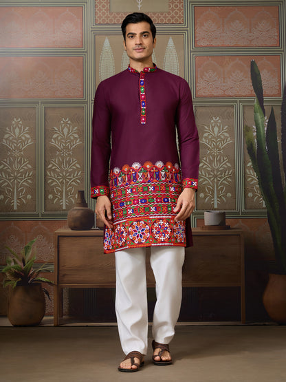 Wine Gujarati Mirror Work Embroidered Kurta for Men