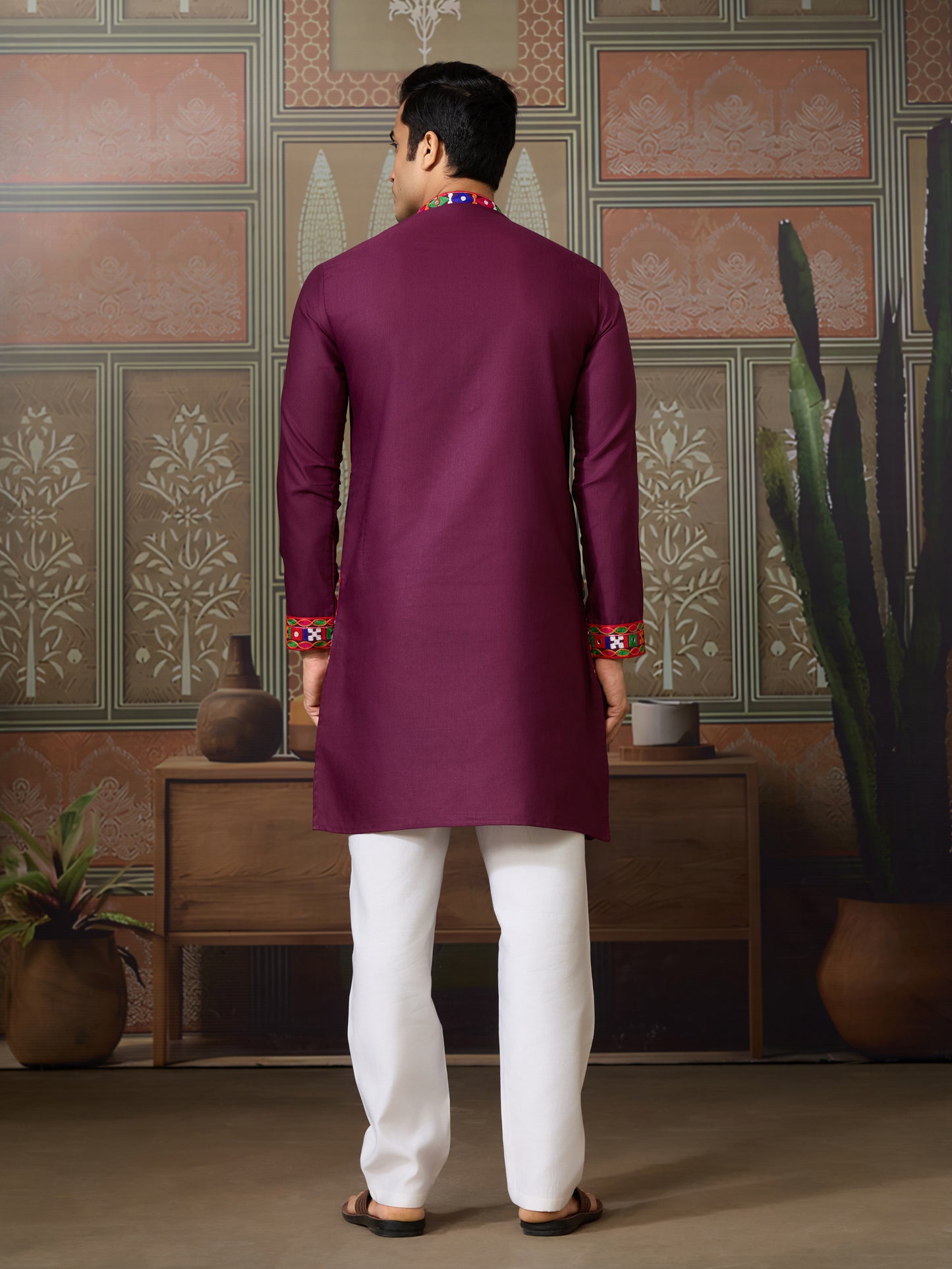 Wine Gujarati Mirror Work Embroidered Kurta for Men