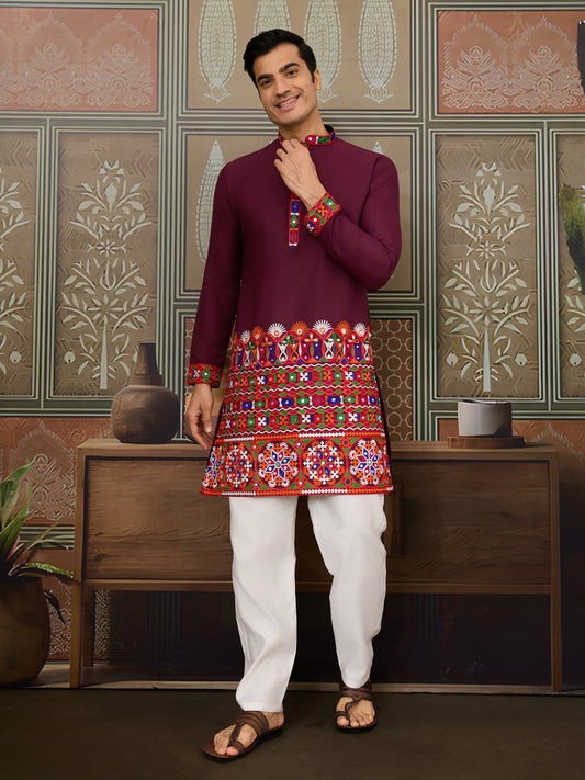 Wine Gujarati Mirror Work Embroidered Kurta for Men