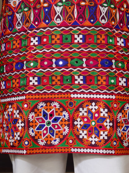Wine Gujarati Mirror Work Embroidered Kurta for Men