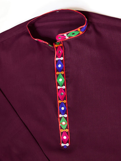Wine Gujarati Mirror Work Embroidered Kurta for Men