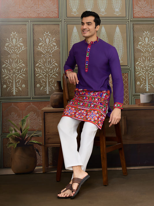 Purple Embroidered Gujarati Mirror Work Kurta for Men