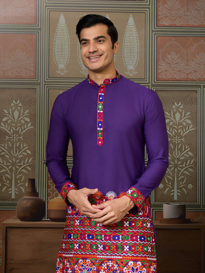 Purple Embroidered Gujarati Mirror Work Kurta for Men