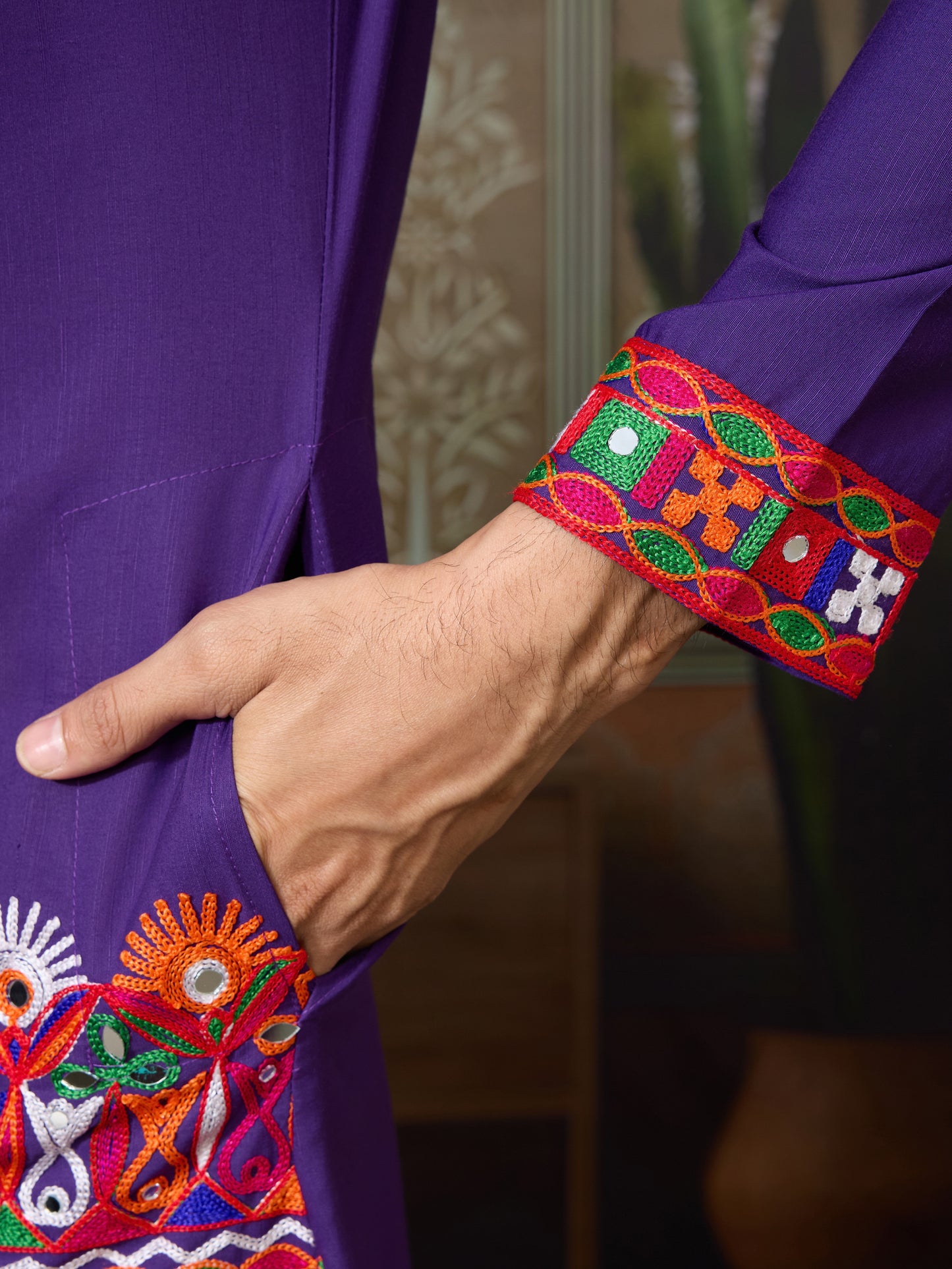 Purple Embroidered Gujarati Mirror Work Kurta for Men