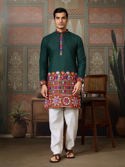 Handcrafted Green Kurta with Multicolor Kutchi Embroidery