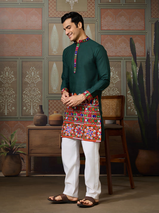 Handcrafted Green Kurta with Multicolor Kutchi Embroidery