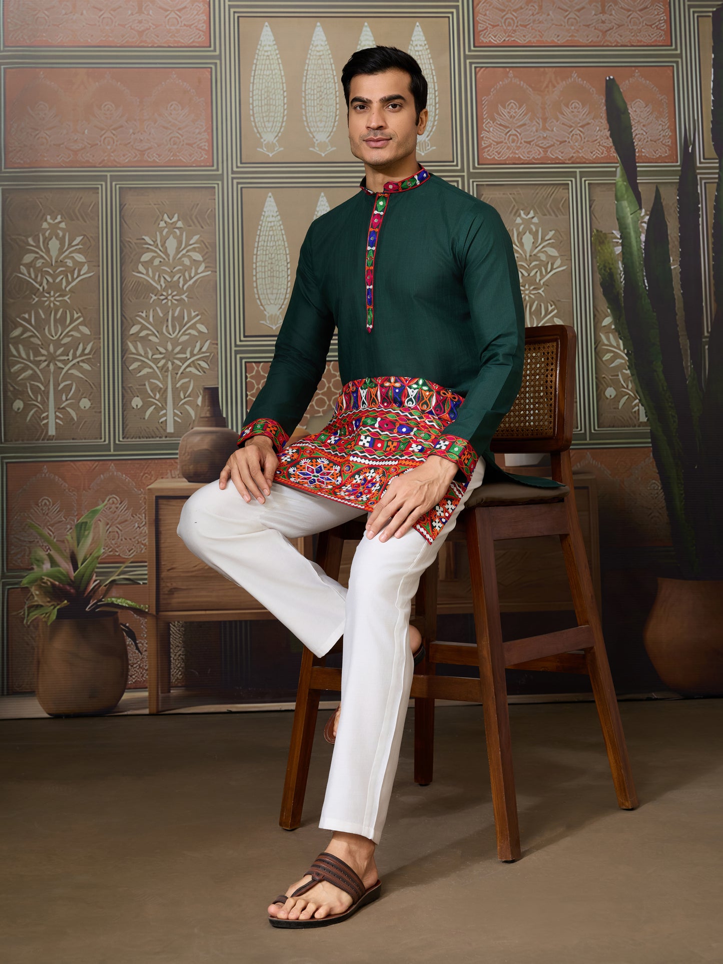 Handcrafted Green Kurta with Multicolor Kutchi Embroidery