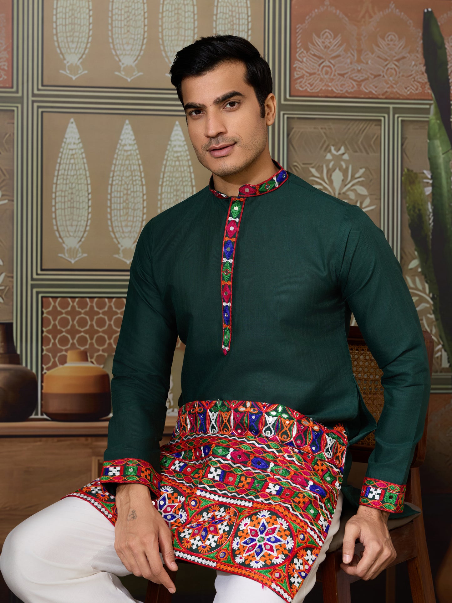 Handcrafted Green Kurta with Multicolor Kutchi Embroidery