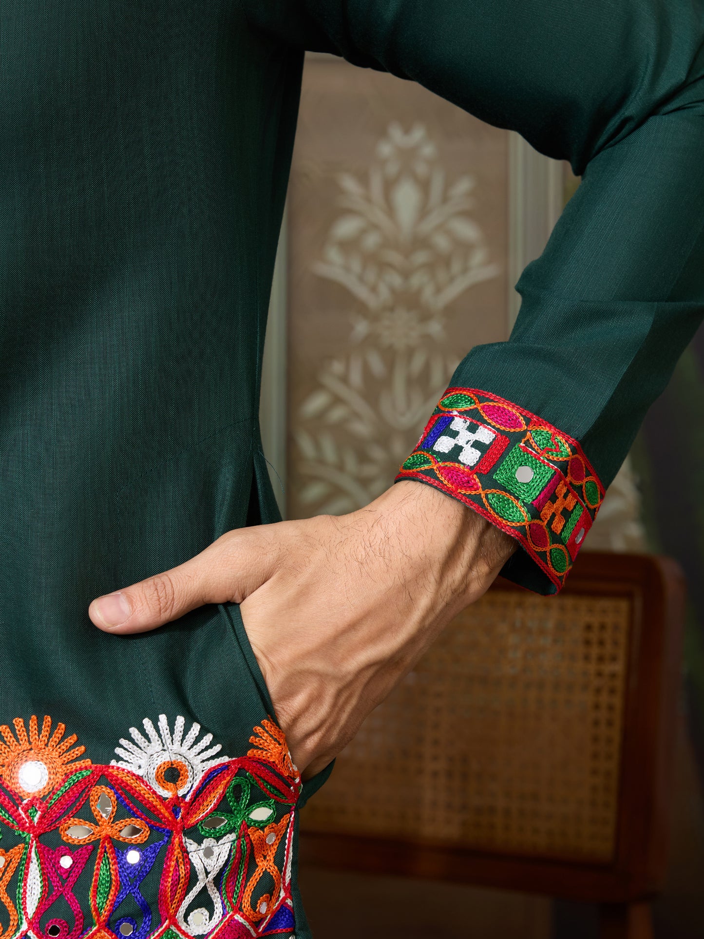 Handcrafted Green Kurta with Multicolor Kutchi Embroidery