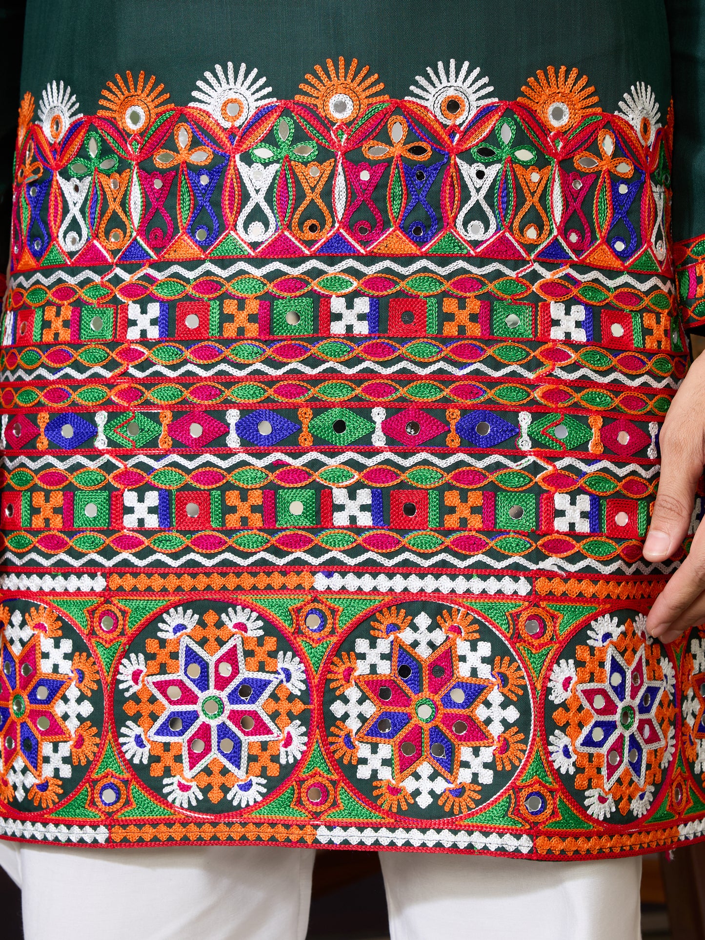 Handcrafted Green Kurta with Multicolor Kutchi Embroidery