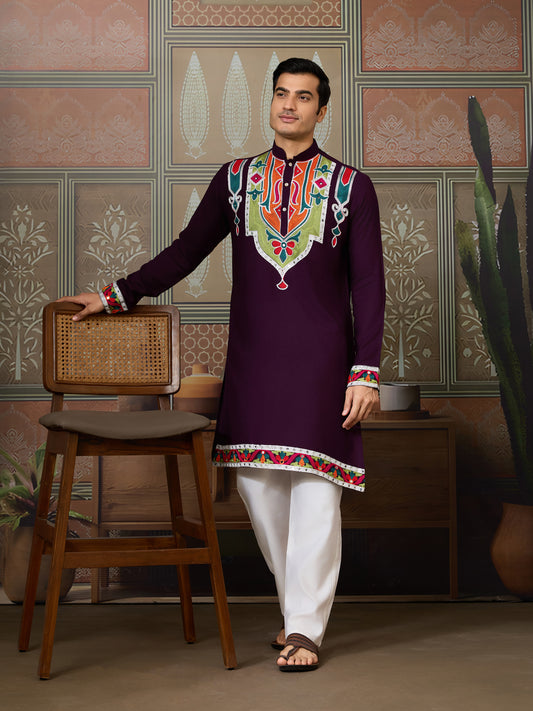 Pure Cotton Purple Kurta with Multi-Thread and Real Mirror Work