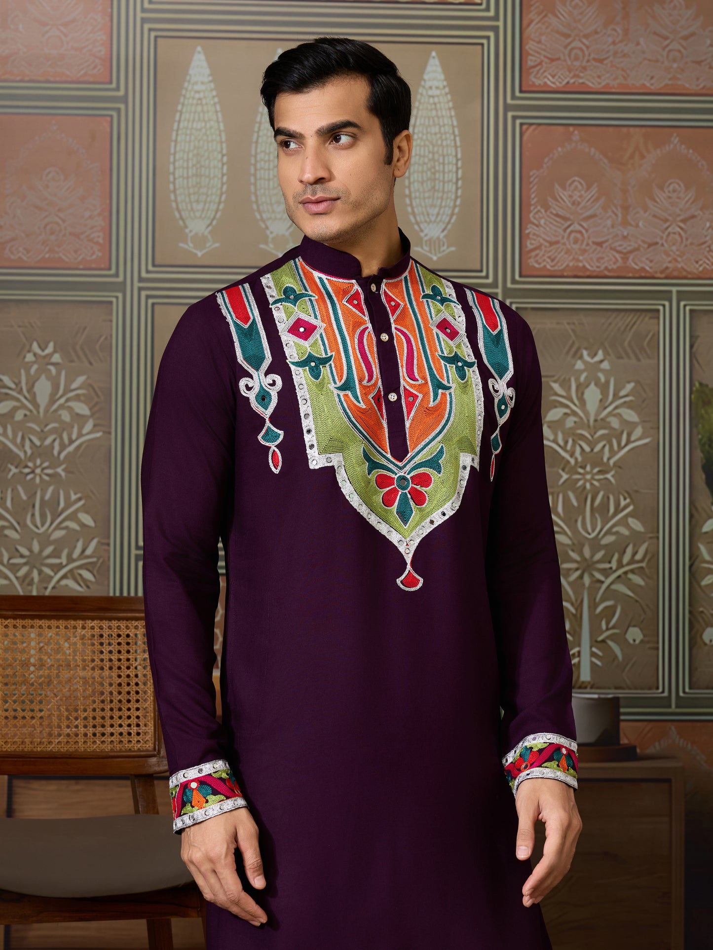 Pure Cotton Purple Kurta with Multi-Thread and Real Mirror Work