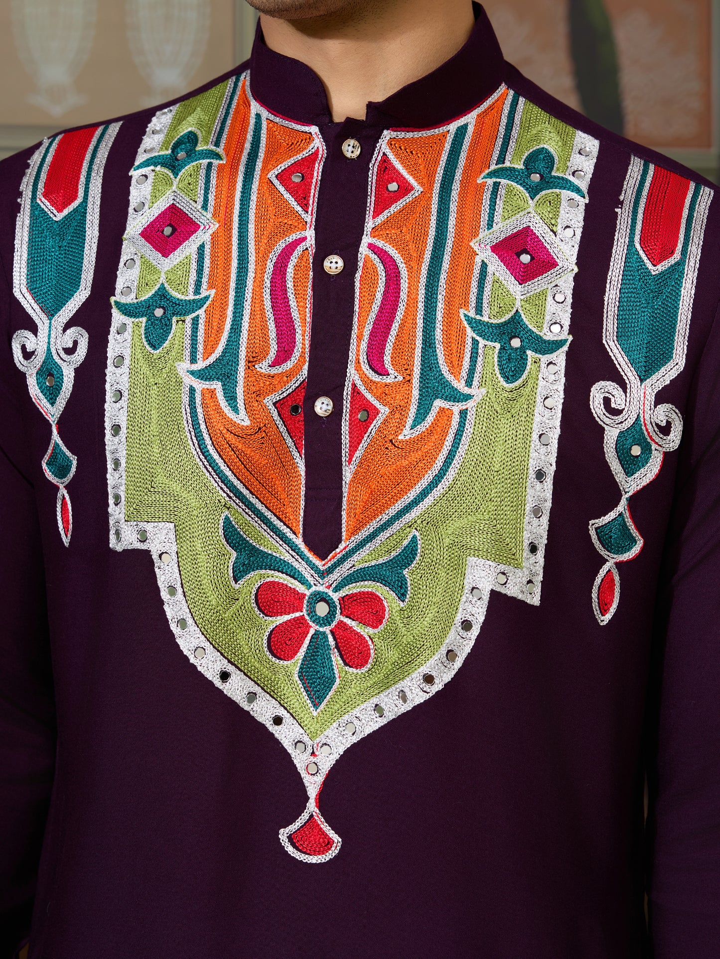 Pure Cotton Purple Kurta with Multi-Thread and Real Mirror Work