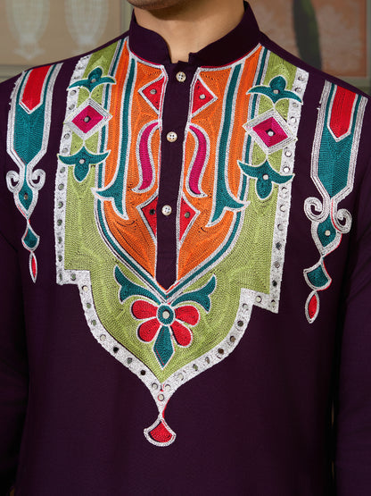 Pure Cotton Purple Kurta with Multi-Thread and Real Mirror Work