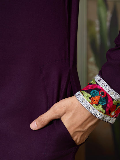 Pure Cotton Purple Kurta with Multi-Thread and Real Mirror Work