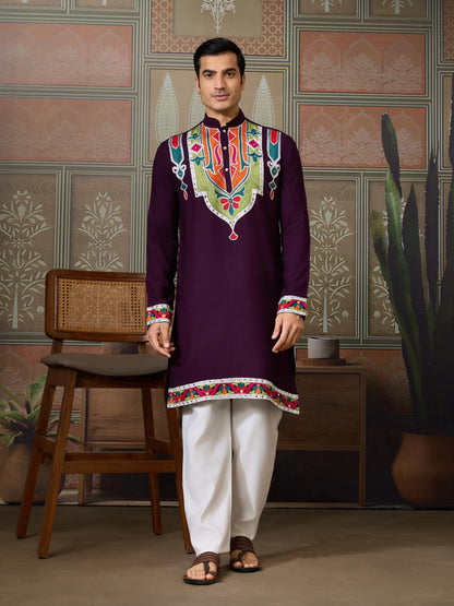 Pure Cotton Purple Kurta with Multi-Thread and Real Mirror Work