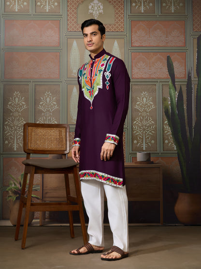 Pure Cotton Purple Kurta with Multi-Thread and Real Mirror Work