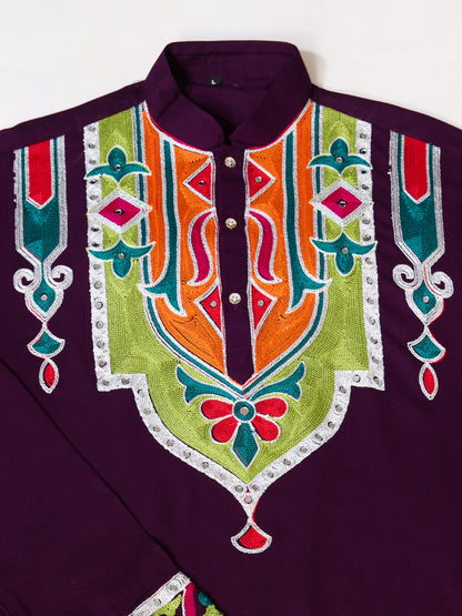Pure Cotton Purple Kurta with Multi-Thread and Real Mirror Work