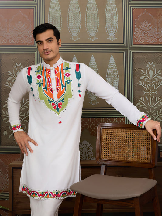 Men’s White Pure Cotton Kurta with Multi-Thread and Real Mirror Work