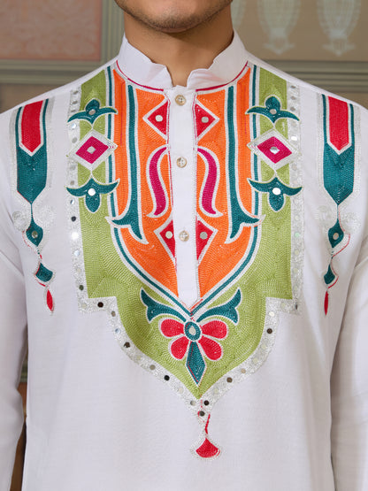 Men’s White Pure Cotton Kurta with Multi-Thread and Real Mirror Work