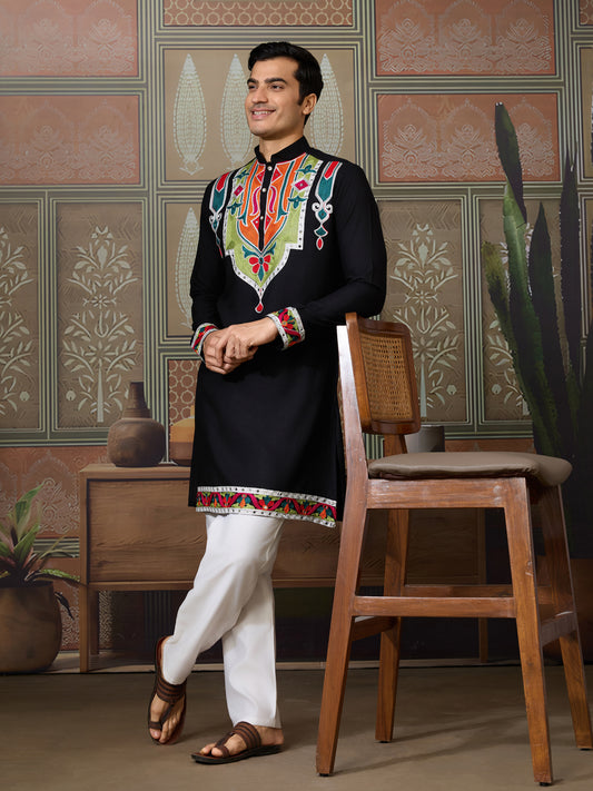 Men’s Black Pure Cotton Kurta with Multi-Thread and Real Mirror Work