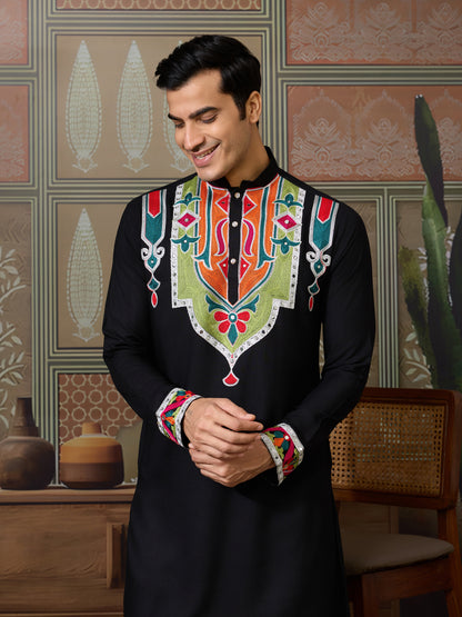 Men’s Black Pure Cotton Kurta with Multi-Thread and Real Mirror Work