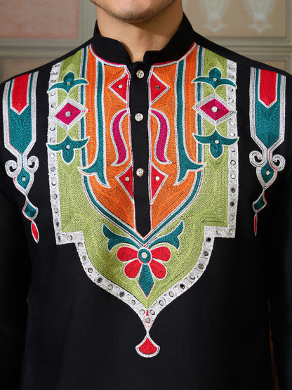 Men’s Black Pure Cotton Kurta with Multi-Thread and Real Mirror Work