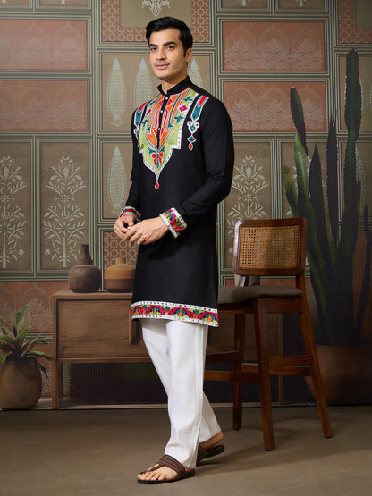 Men’s Black Pure Cotton Kurta with Multi-Thread and Real Mirror Work