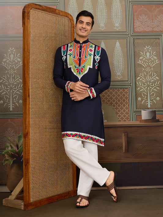 Men’s Navy Blue Pure Cotton Kurta with Multi-Thread and Real Mirror Work
